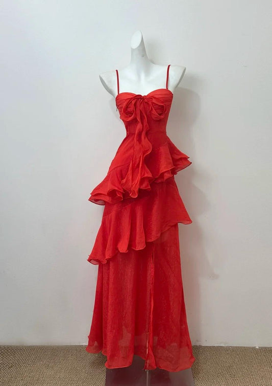 Glam Red A-line  Spaghetti Straps Layed Chiffon Prom Dress for Birthday Sweet Evening Gown  ED01946
