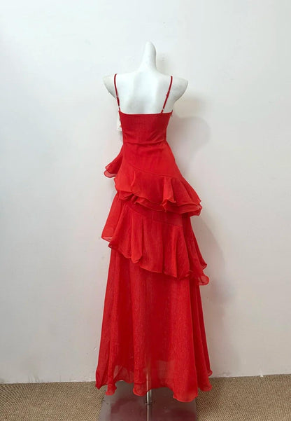 Glam Red A-line  Spaghetti Straps Layed Chiffon Prom Dress for Birthday Sweet Evening Gown  ED01946