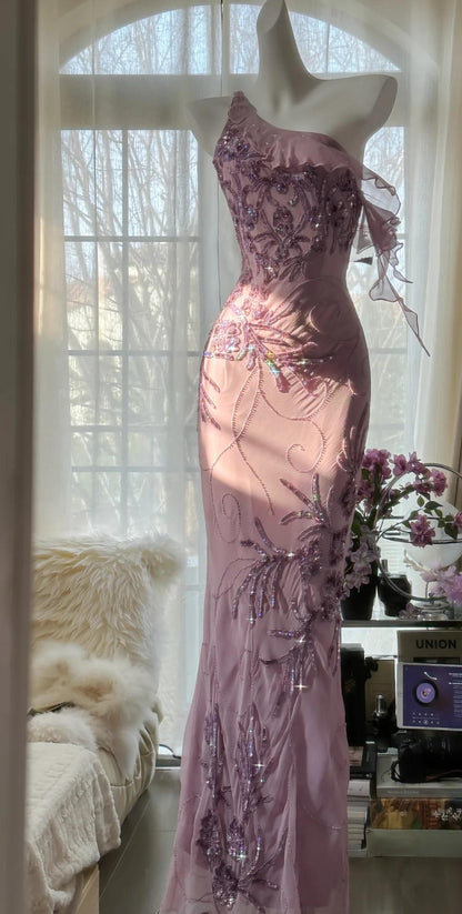 Enchanted Light Purple One Shoulder Bodycon Beading Chiffon Prom Dress Vintage Glitter Evening Gown ED01948