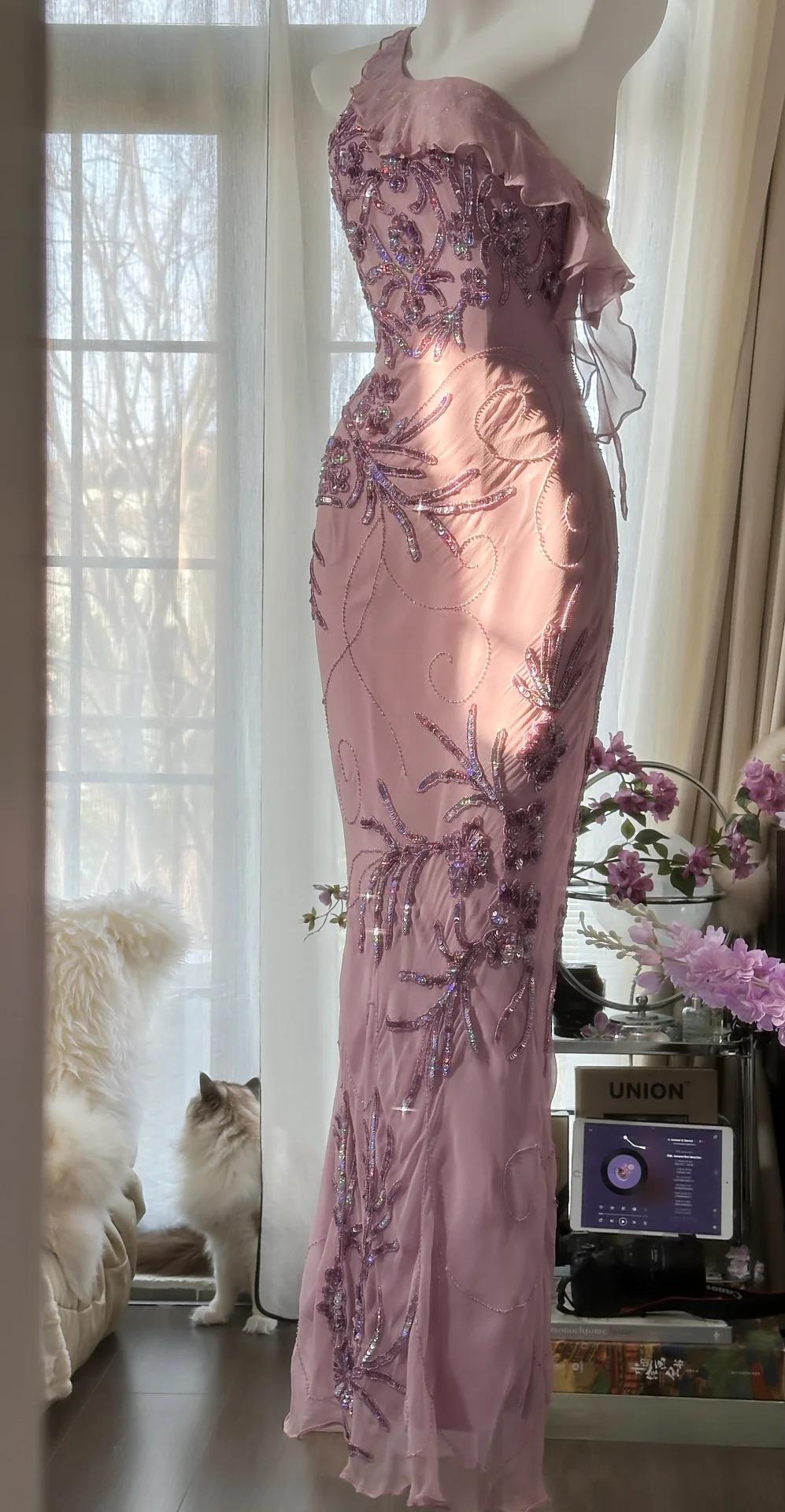 Enchanted Light Purple One Shoulder Bodycon Beading Chiffon Prom Dress Vintage Glitter Evening Gown ED01948