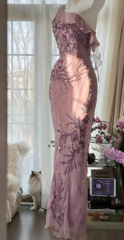 Enchanted Light Purple One Shoulder Bodycon Beading Chiffon Prom Dress Vintage Glitter Evening Gown ED01948