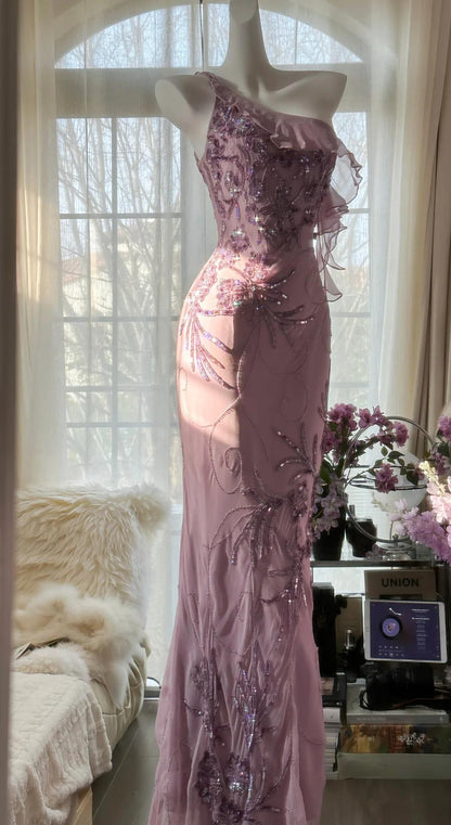 Enchanted Light Purple One Shoulder Bodycon Beading Chiffon Prom Dress Vintage Glitter Evening Gown ED01948