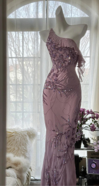 Enchanted Light Purple One Shoulder Bodycon Beading Chiffon Prom Dress Vintage Glitter Evening Gown ED01948