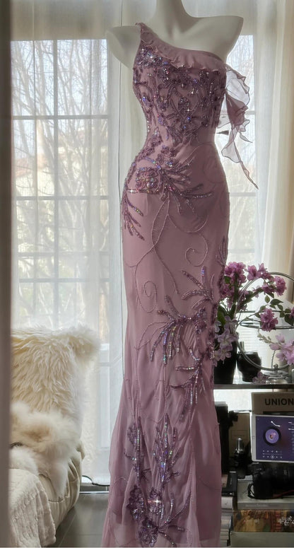 Enchanted Light Purple One Shoulder Bodycon Beading Chiffon Prom Dress Vintage Glitter Evening Gown ED01948