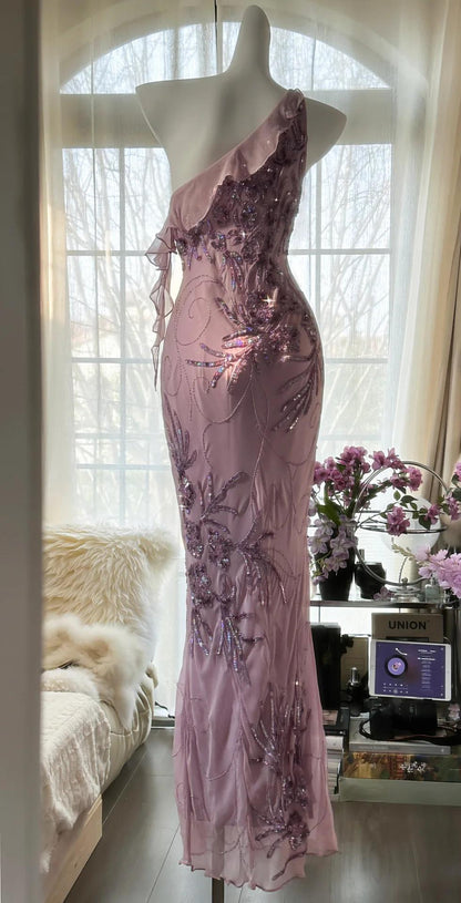 Enchanted Light Purple One Shoulder Bodycon Beading Chiffon Prom Dress Vintage Glitter Evening Gown ED01948
