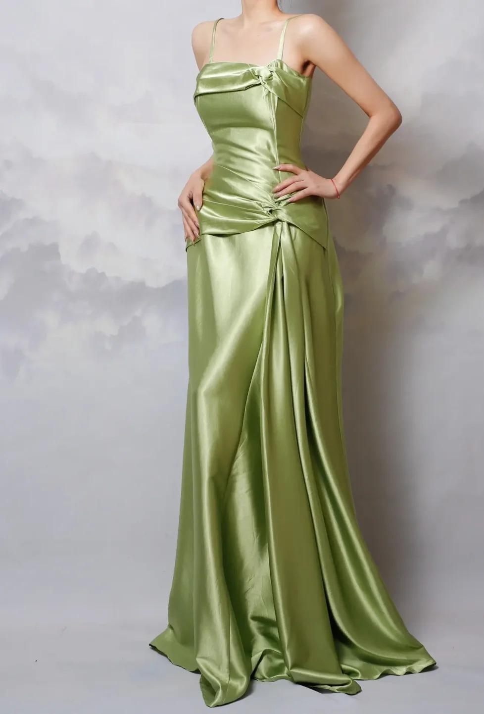 Sexy Y2k Green Sheath Spaghetti Strap Satin Prom Dress Elegant Evening Gown for Birthday ED01950