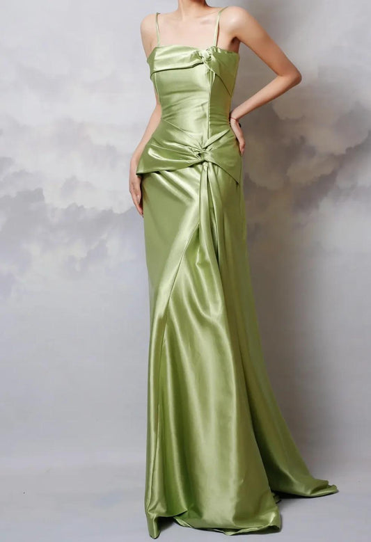 Sexy Y2k Green Sheath Spaghetti Strap Satin Prom Dress Elegant Evening Gown for Birthday ED01950