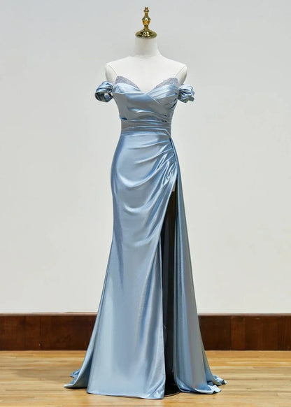 Elegant Beaded Mermaid Satin Off Shoulder Long Prom Dress Evening Gown with Slit  ED01951