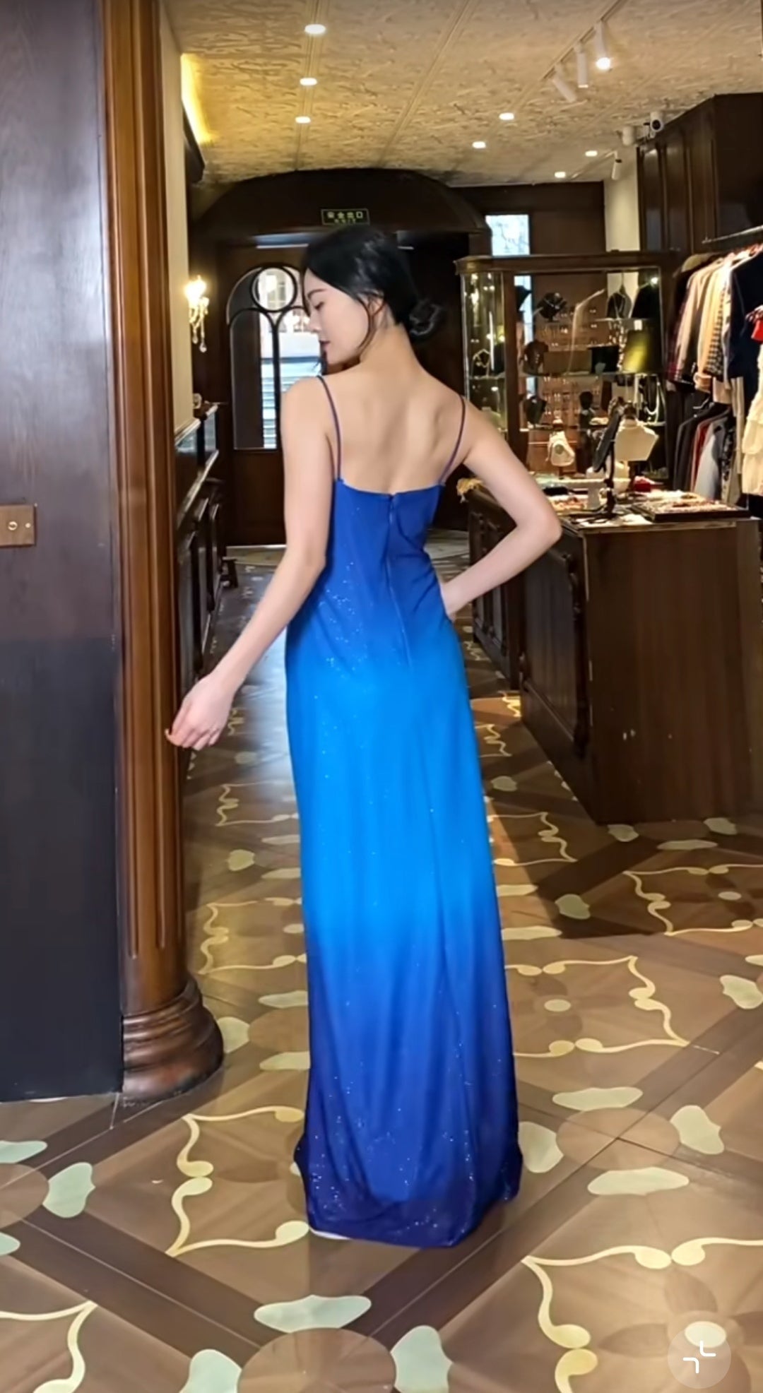 Glitter Chiffon Gradient Blue Prom Dress for Party Elegant 2000s Spaghetti Strap Evening Gown ED01953