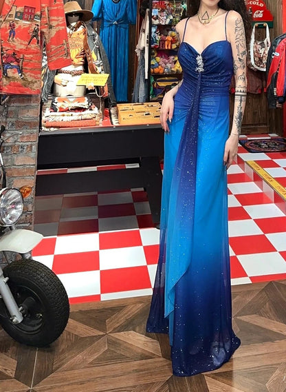 Glitter Chiffon Gradient Blue Prom Dress for Party Elegant 2000s Spaghetti Strap Evening Gown ED01953