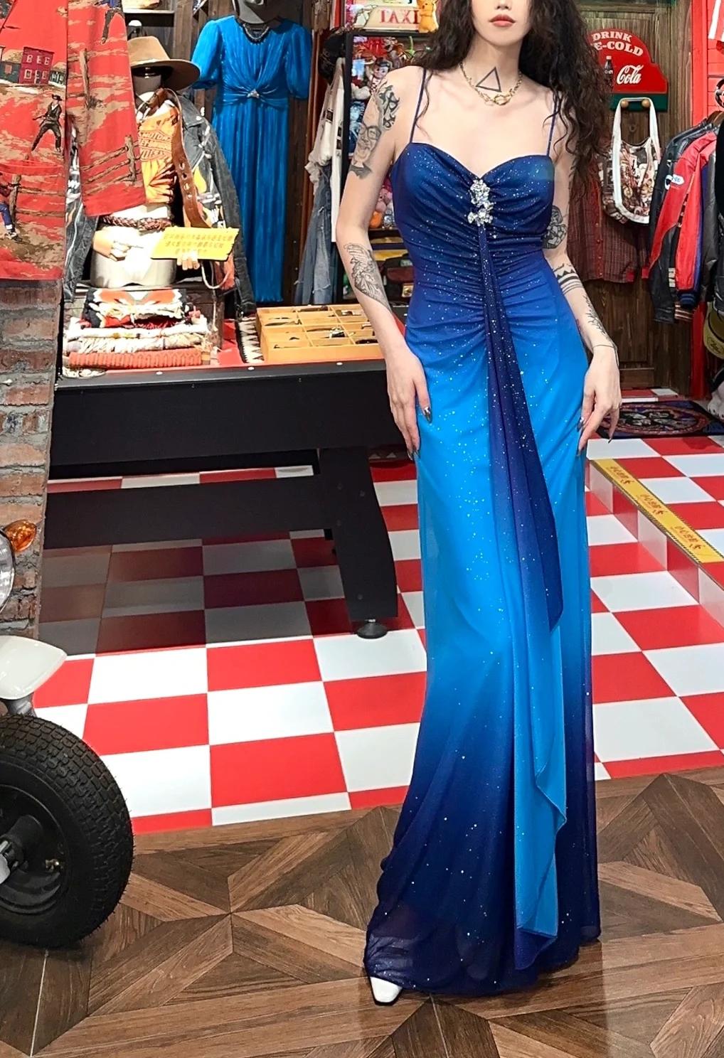 Glitter Chiffon Gradient Blue Prom Dress for Party Elegant 2000s Spaghetti Strap Evening Gown ED01953