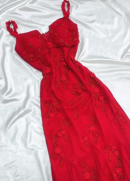 Retro Fairytale Red  Chiffon Prom Dress for Party&Birthday Glitter Beaded Applique Evening Gown  ED01954