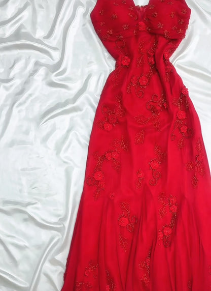 Retro Fairytale Red  Chiffon Prom Dress for Party&Birthday Glitter Beaded Applique Evening Gown  ED01954