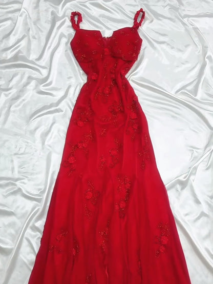 Retro Fairytale Red  Chiffon Prom Dress for Party&Birthday Glitter Beaded Applique Evening Gown  ED01954