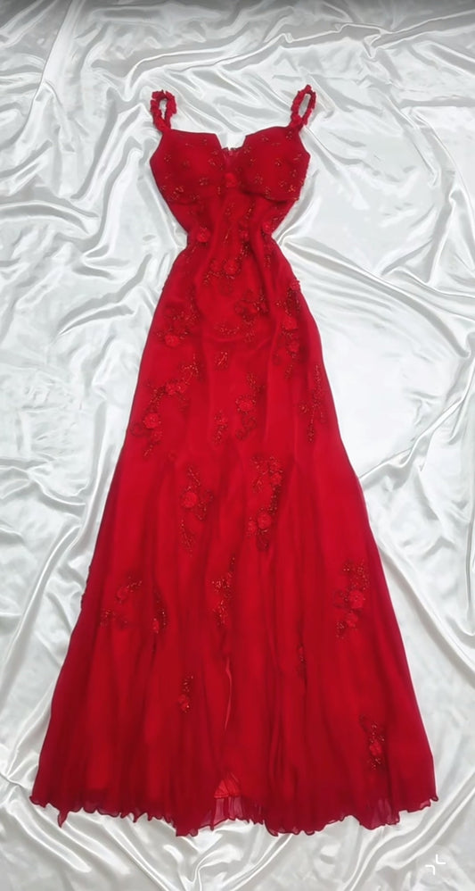 Retro Fairytale Red  Chiffon Prom Dress for Party&Birthday Glitter Beaded Applique Evening Gown  ED01954