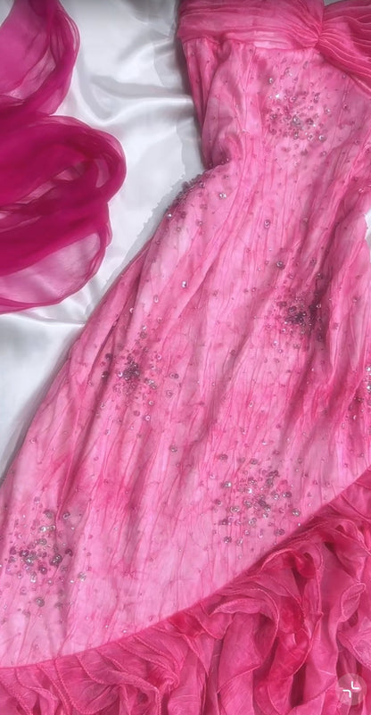 Pink Princess Style Beaded Chiffon Prom Dress for Party Glitter 90s Retro A-Line Evening Gown ED01955