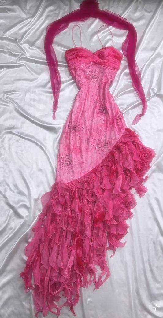 Pink Princess Style Beaded Chiffon Prom Dress for Party Glitter 90s Retro A-Line Evening Gown ED01955