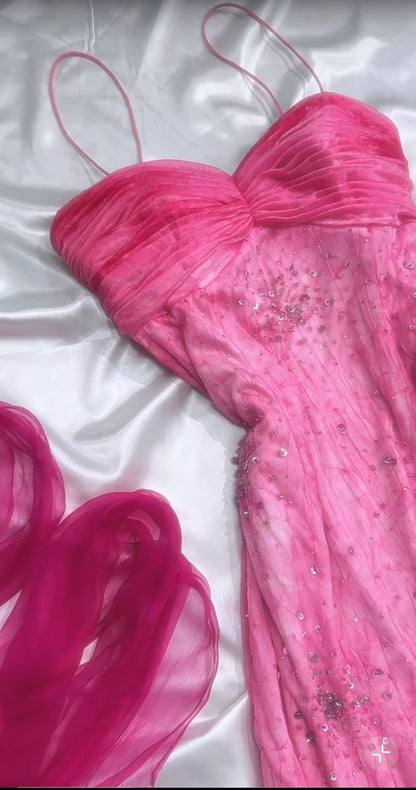 Pink Princess Style Beaded Chiffon Prom Dress for Party Glitter 90s Retro A-Line Evening Gown ED01955