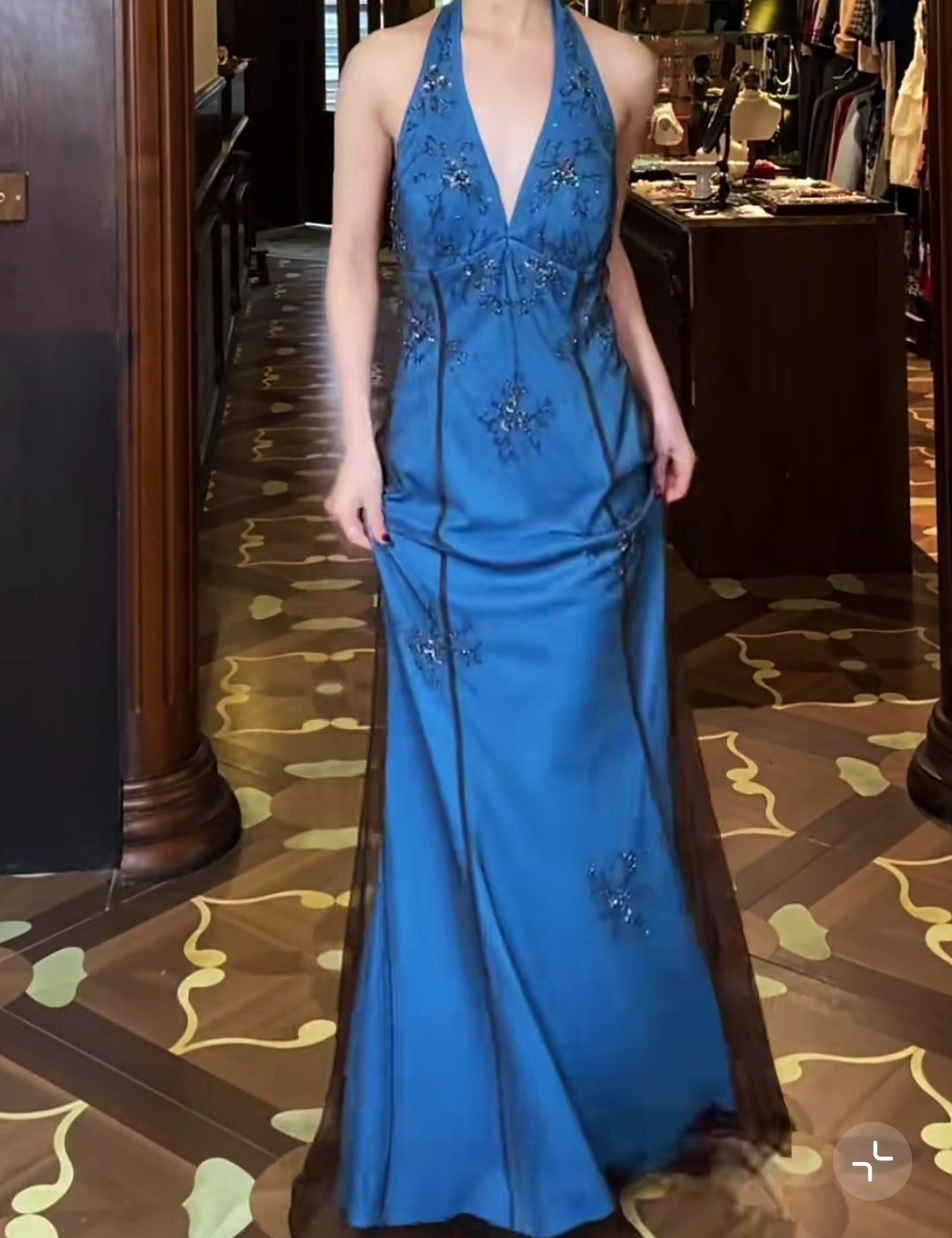 Retro V-neck Blue Beaded Satin Sheath Elegant Backless Chiffon Spaghetti Strap Long Evening Gown ED01956