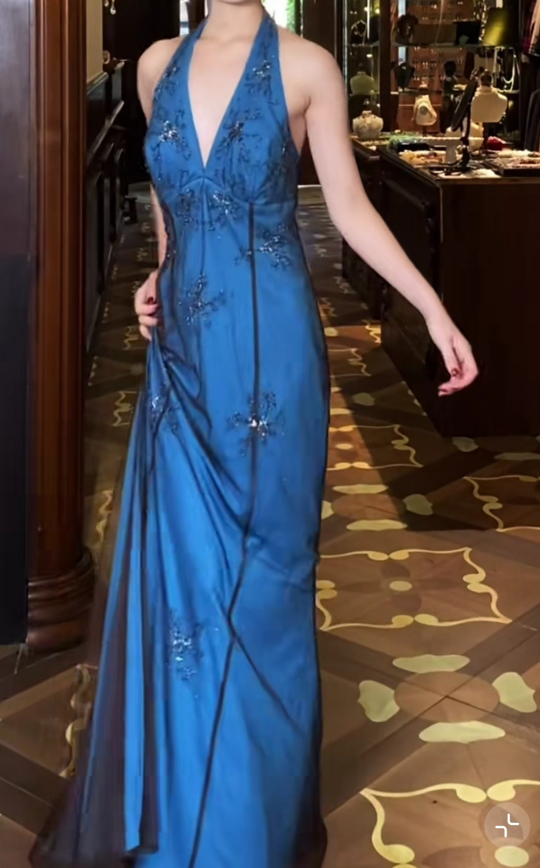 Retro V-neck Blue Beaded Satin Sheath Elegant Backless Chiffon Spaghetti Strap Long Evening Gown ED01956
