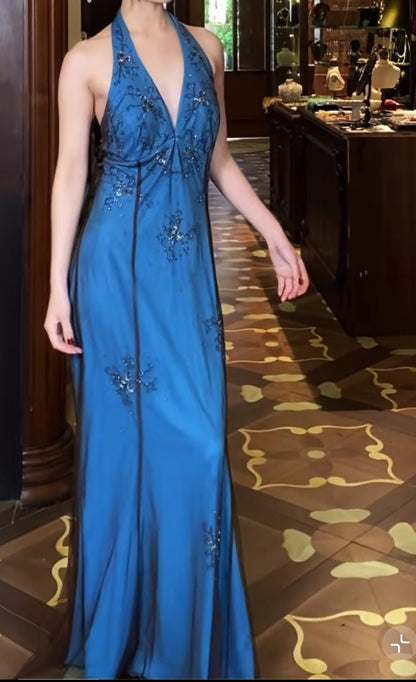 Retro V-neck Blue Beaded Satin Sheath Elegant Backless Chiffon Spaghetti Strap Long Evening Gown ED01956