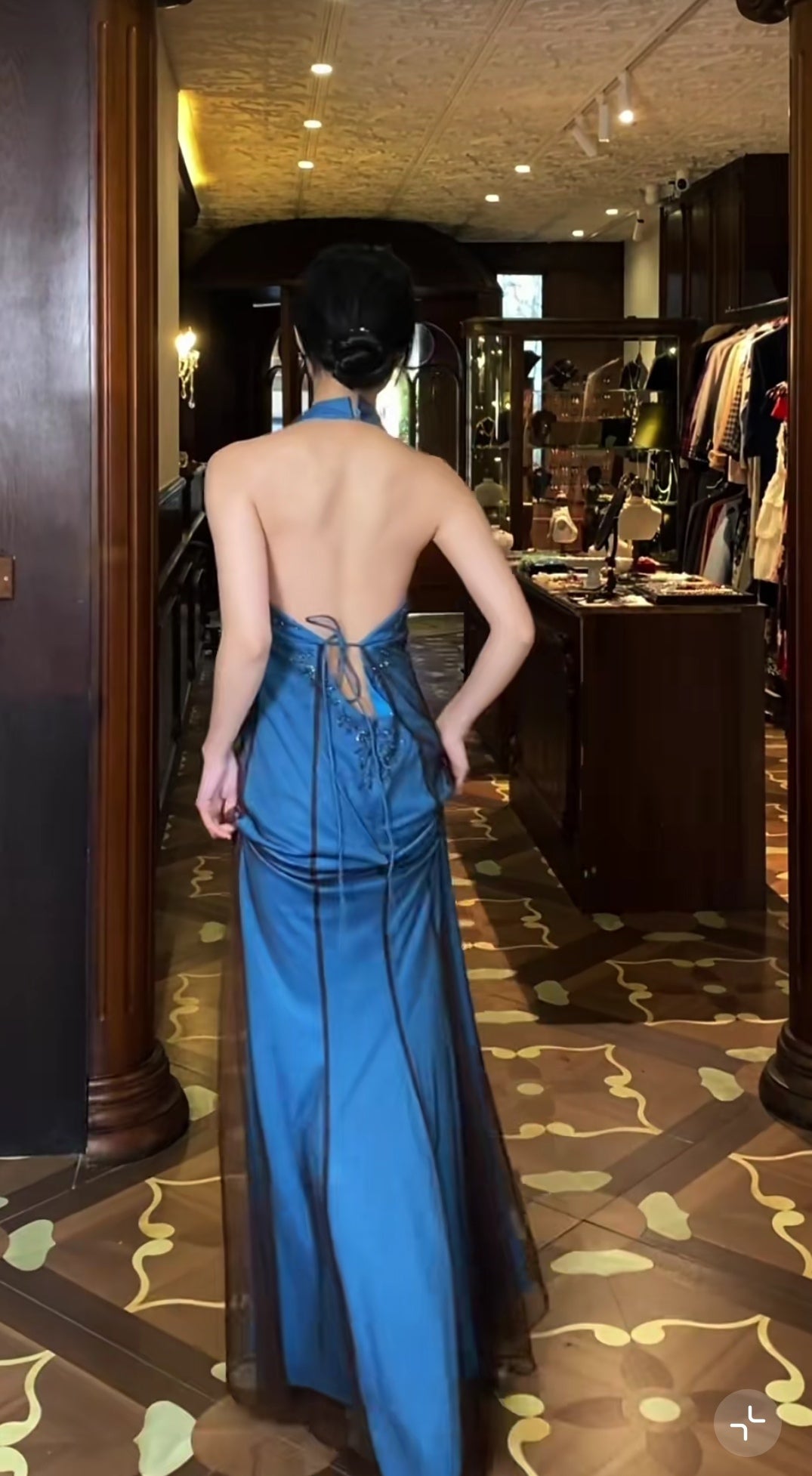 Retro V-neck Blue Beaded Satin Sheath Elegant Backless Chiffon Spaghetti Strap Long Evening Gown ED01956