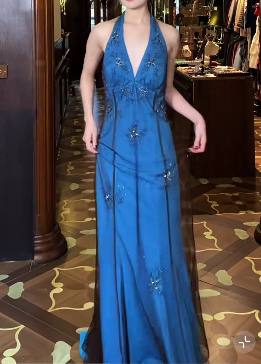 Retro V-neck Blue Beaded Satin Sheath Elegant Backless Chiffon Spaghetti Strap Long Evening Gown ED01956