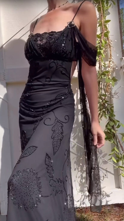 Sexy Black Spaghetti Strap Chiffon Beaded Long Prom Dress Vintage Backless Party Dress ED01957
