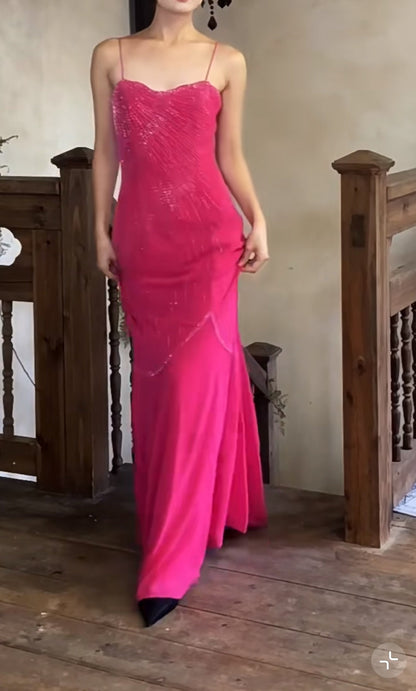 Fairytale Pink Spaghetti Strap Beaded Long Prom Dress Formal Evening Gowns ED01961