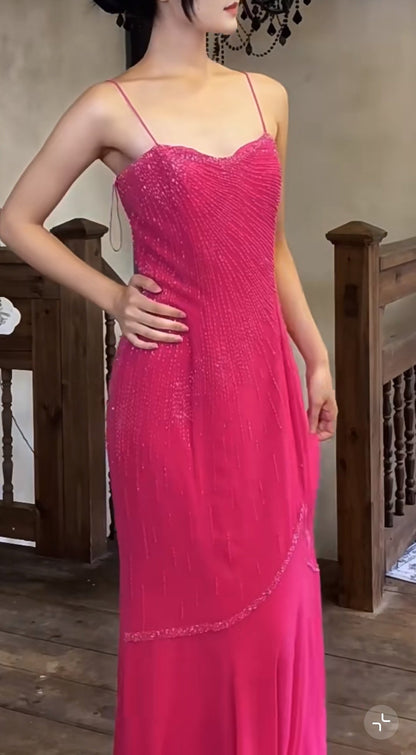 Fairytale Pink Spaghetti Strap Beaded Long Prom Dress Formal Evening Gowns ED01961