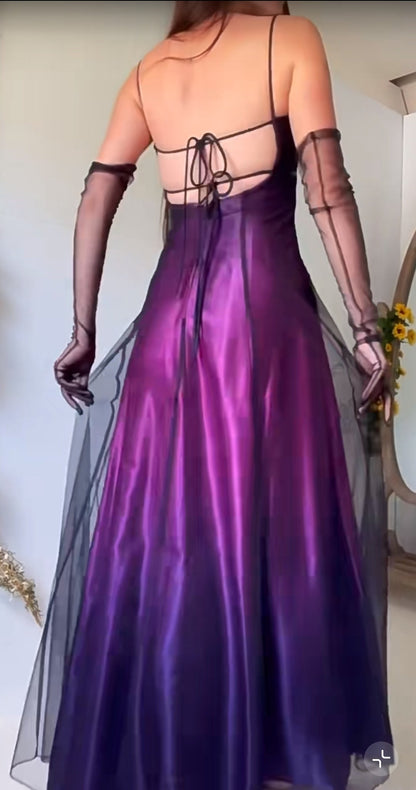 90s Midnight Purple Satin Long Prom Dress Enchanted Spaghetti Strap Beading & Tulle Evening Gown ED01959