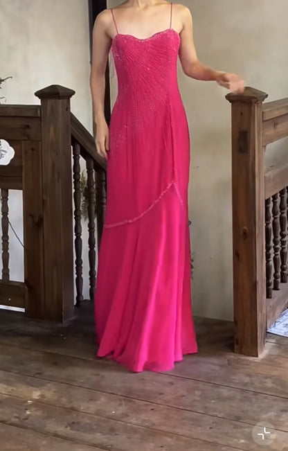 Fairytale Pink Spaghetti Strap Beaded Long Prom Dress Formal Evening Gowns ED01961