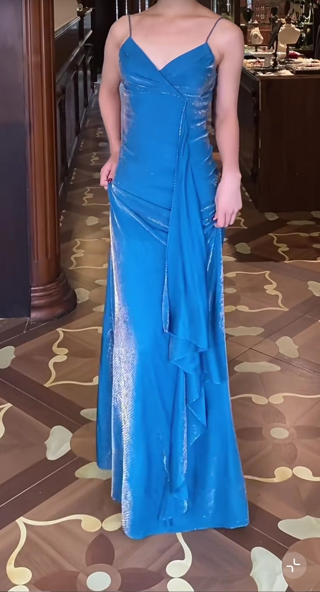 Elegant Blue Spaghetti Strap Velvet Long Prom Dress Vintage Backless Party Dress ED01962