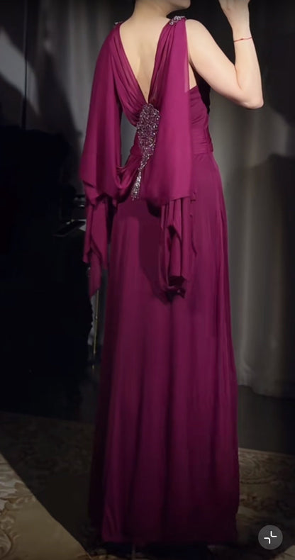 Elegant A-Line Grape V-neck Long Prom Dress Glam Sleeveless Chiffon Evening Dress ED01958