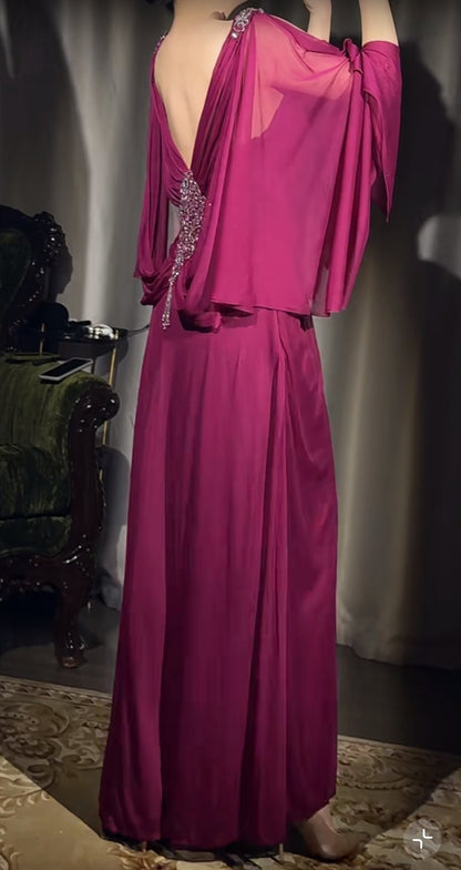 Elegant A-Line Grape V-neck Long Prom Dress Glam Sleeveless Chiffon Evening Dress ED01958