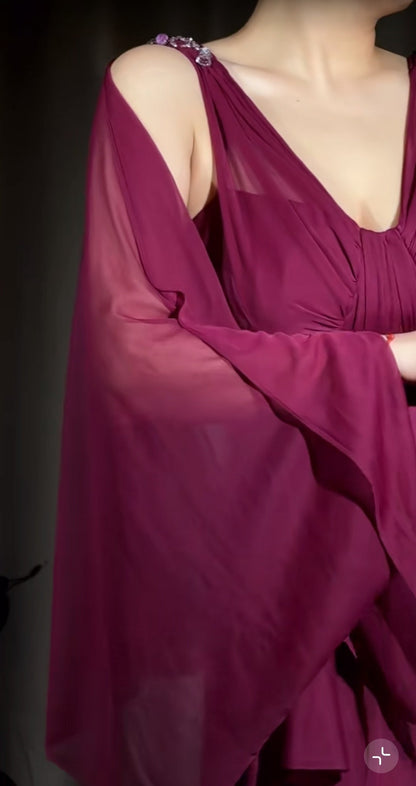 Elegant A-Line Grape V-neck Long Prom Dress Glam Sleeveless Chiffon Evening Dress ED01958