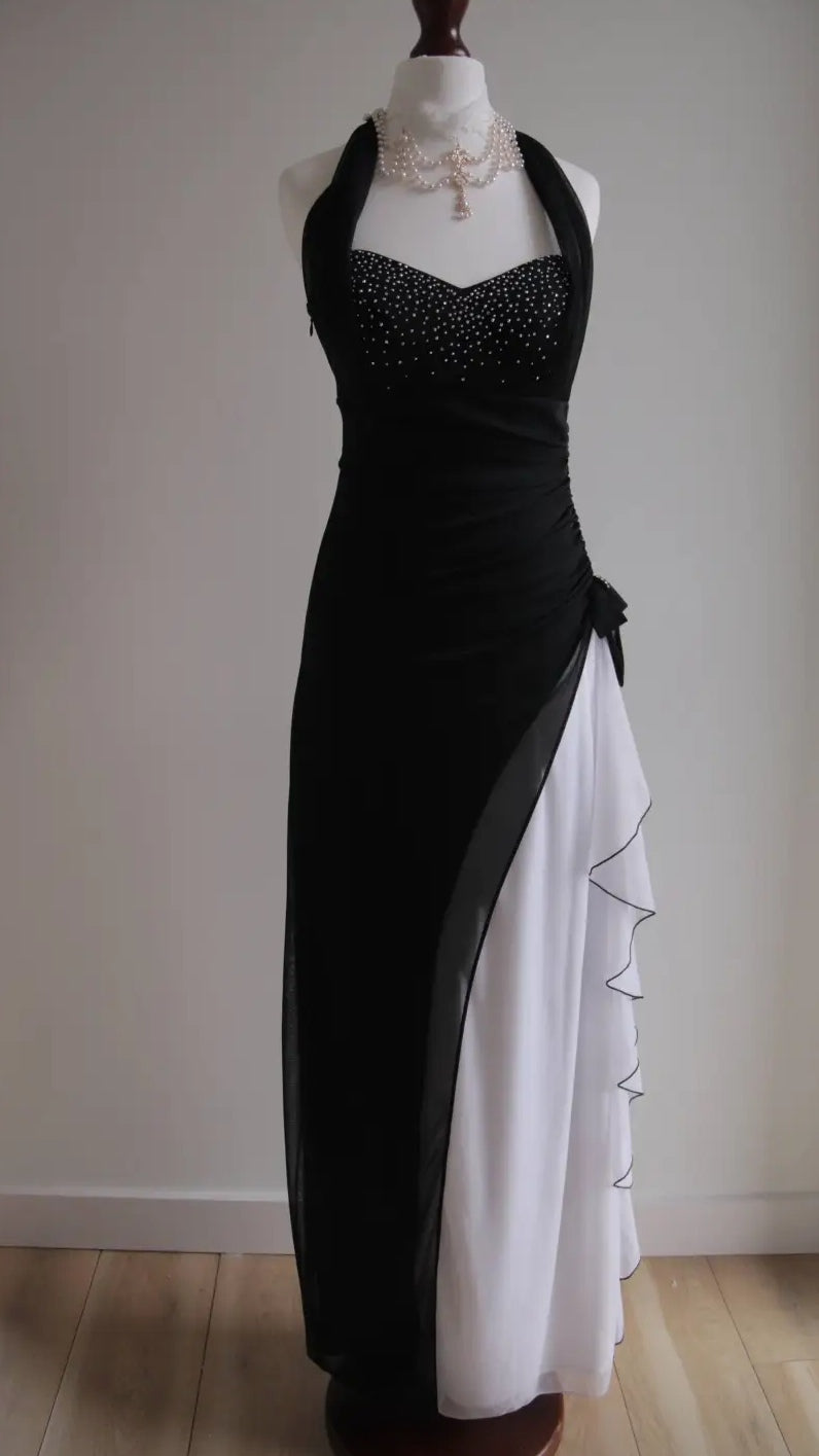 Vintage Black Chiffon Beaded Neck Prom Dresses Elegant White Ruffle Party Dresses ED01963
