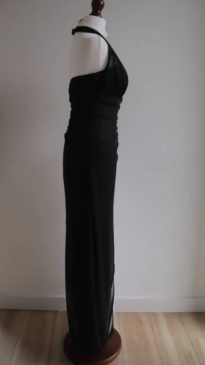 Vintage Black Chiffon Beaded Neck Prom Dresses Elegant White Ruffle Party Dresses ED01963