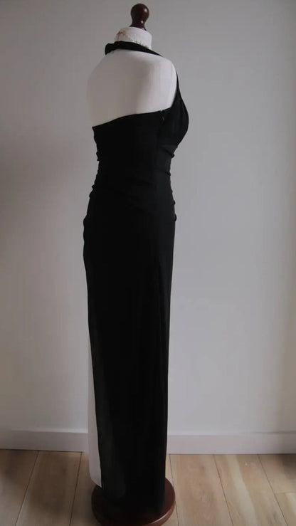Vintage Black Chiffon Beaded Neck Prom Dresses Elegant White Ruffle Party Dresses ED01963