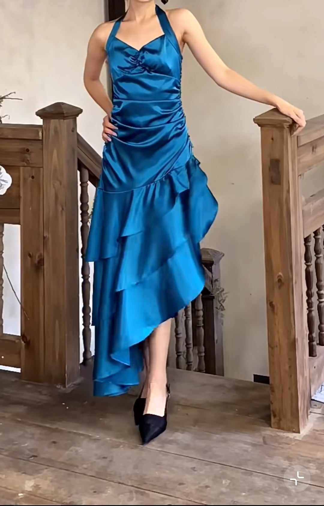 Vintage Satin Blue Halter Prom Dresses Elegant Ruffle Backless Party Dresses ED01964