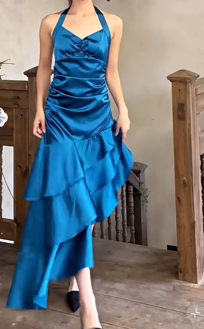 Vintage Satin Blue Halter Prom Dresses Elegant Ruffle Backless Party Dresses ED01964