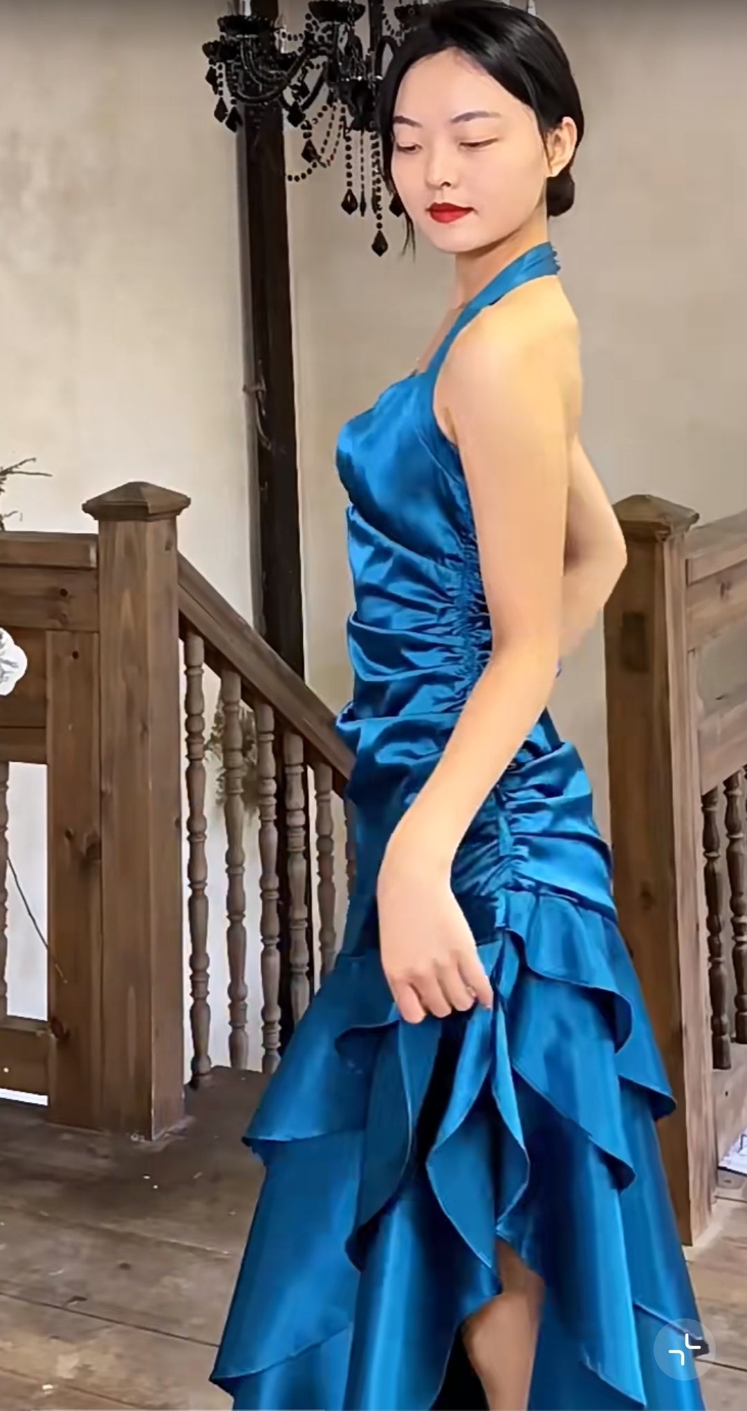 Vintage Satin Blue Halter Prom Dresses Elegant Ruffle Backless Party Dresses ED01964
