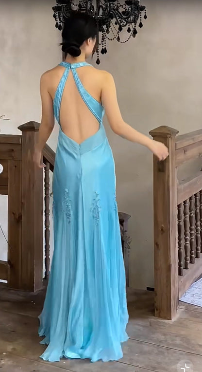 Glam Satin Sky Blue Halter Prom Dress Elegant Beaded Backless Evening Gowns ED01965