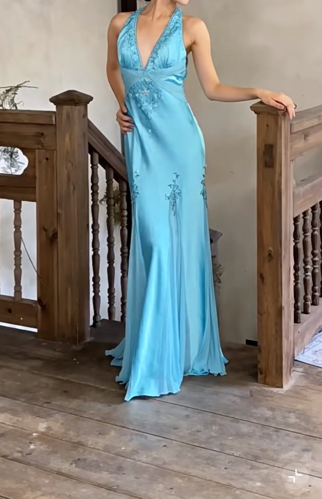 Glam Satin Sky Blue Halter Prom Dress Elegant Beaded Backless Evening Gowns ED01965