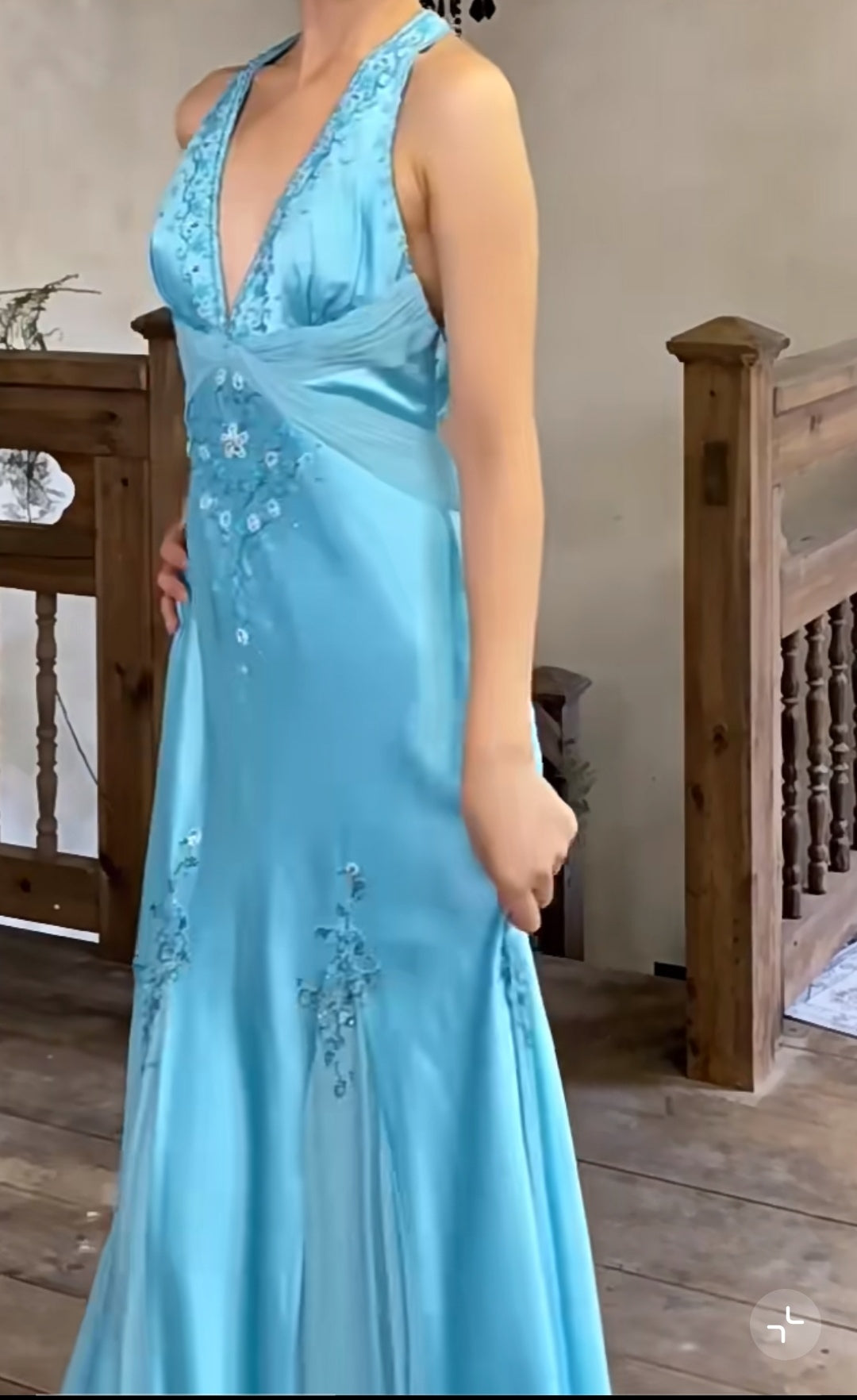 Glam Satin Sky Blue Halter Prom Dress Elegant Beaded Backless Evening Gowns ED01965
