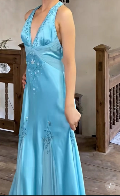 Glam Satin Sky Blue Halter Prom Dress Elegant Beaded Backless Evening Gowns ED01965