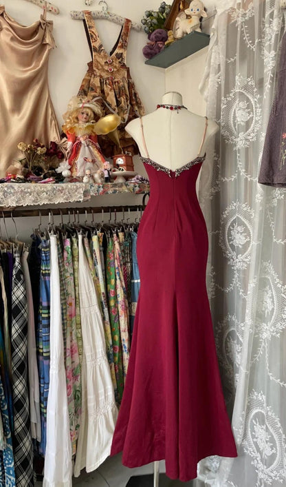 Elegant Red Satin Lace Applique Beaded Long Prom Dress Vintage Spaghetti Straps Mermaid Gowns (Under $200) ED01967