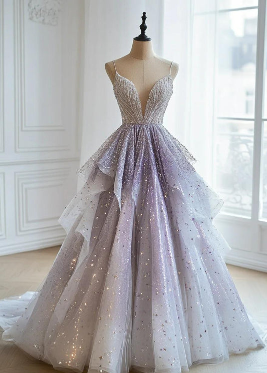 Fairytale Spaghetti Straps A-line Tulle Sequins Deep V Neck Layered Long Ball Gown Formal Evening Dress ED01968