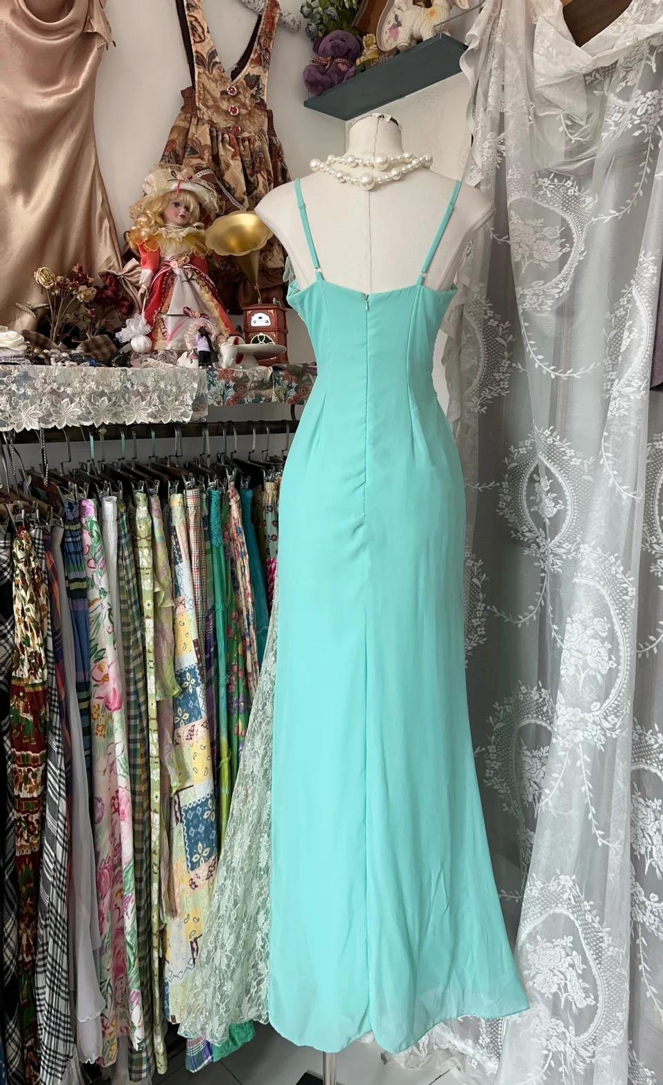 Sweet Mint Green Spaghetti Strap Chiffon Lace Bodycon Prom Dress Elegant Party Dress ED01969