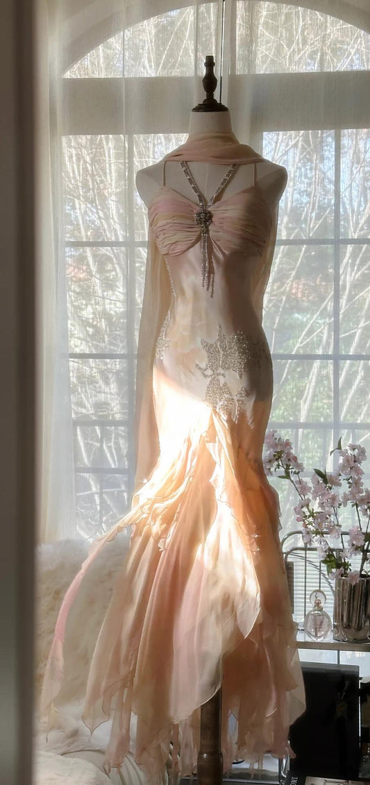 Fairytale Spaghetti Straps Ombre Chiffon Mermaid Gowns Vintage Gentle Backless Prom Dress ED01971